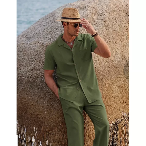 COOFANDY Men 2 Piece Linen Outfit Beach Button Down Shirt Casual Loose Pant Sets