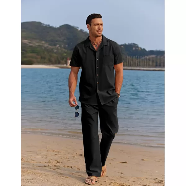 COOFANDY Men 2 Piece Linen Outfit Beach Button Down Shirt Casual Loose Pant Sets