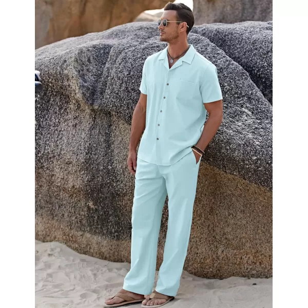 COOFANDY Men 2 Piece Linen Outfit Beach Button Down Shirt Casual Loose Pant Sets