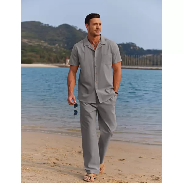 COOFANDY Men 2 Piece Linen Outfit Beach Button Down Shirt Casual Loose Pant Sets