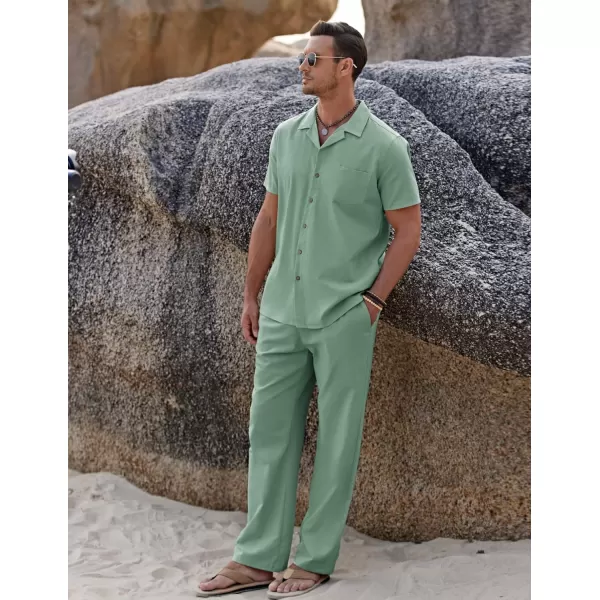 COOFANDY Men 2 Piece Linen Outfit Beach Button Down Shirt Casual Loose Pant Sets