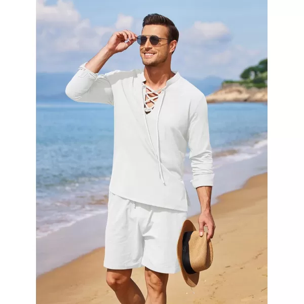 COOFANDY Men's 2 Pieces Cotton Linen Set Summer Beach Outfit Henley Yoga Lace Up Long Sleeve Shirt and Short