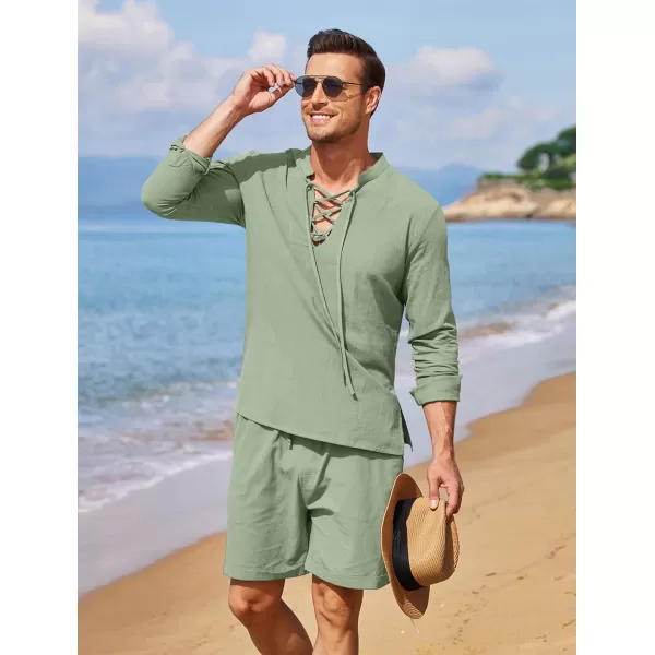 COOFANDY Men's 2 Pieces Cotton Linen Set Summer Beach Outfit Henley Yoga Lace Up Long Sleeve Shirt and Short