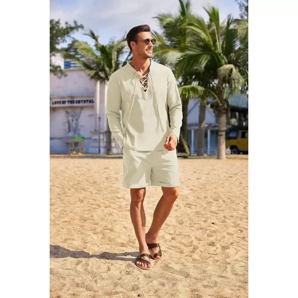 COOFANDY Men's 2 Pieces Cotton Linen Set Summer Beach Outfit Henley Yoga Lace Up Long Sleeve Shirt and Short