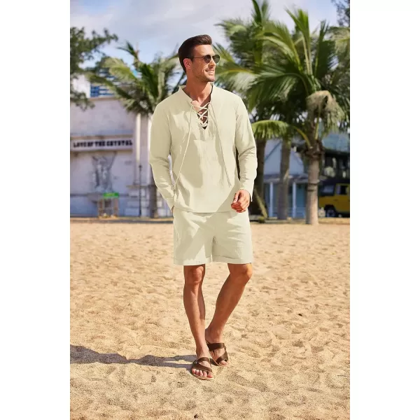 COOFANDY Men's 2 Pieces Cotton Linen Set Summer Beach Outfit Henley Yoga Lace Up Long Sleeve Shirt and Short