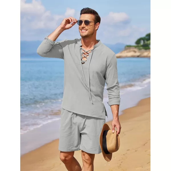 COOFANDY Men's 2 Pieces Cotton Linen Set Summer Beach Outfit Henley Yoga Lace Up Long Sleeve Shirt and Short