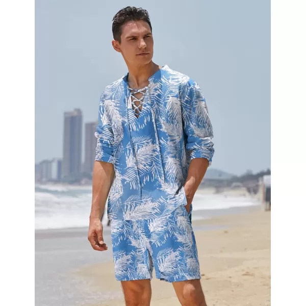 COOFANDY Men's 2 Pieces Cotton Linen Set Summer Beach Outfit Henley Yoga Lace Up Long Sleeve Shirt and Short