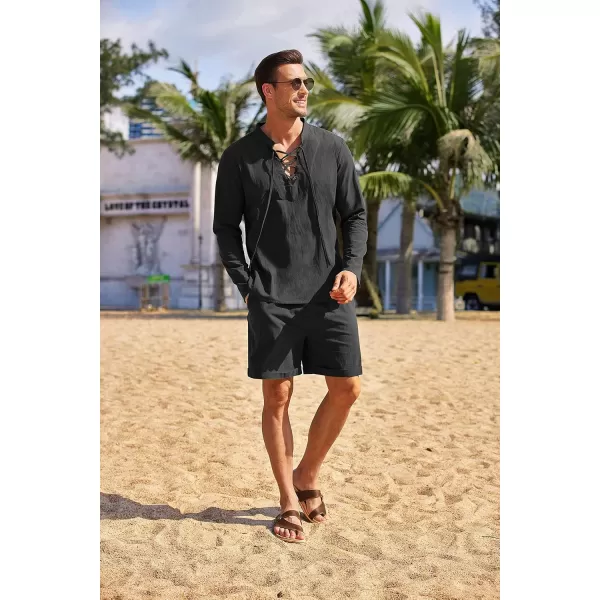 COOFANDY Men's 2 Pieces Cotton Linen Set Summer Beach Outfit Henley Yoga Lace Up Long Sleeve Shirt and Short