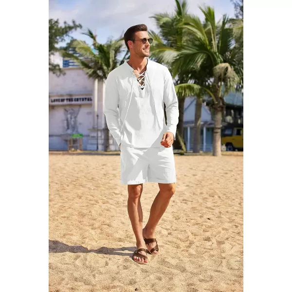 COOFANDY Men's 2 Pieces Cotton Linen Set Summer Beach Outfit Henley Yoga Lace Up Long Sleeve Shirt and Short