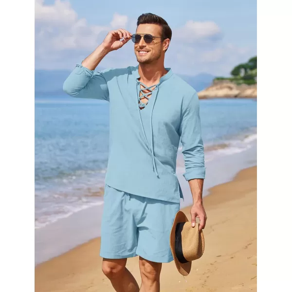 COOFANDY Men's 2 Pieces Cotton Linen Set Summer Beach Outfit Henley Yoga Lace Up Long Sleeve Shirt and Short