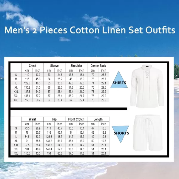 COOFANDY Men's 2 Pieces Cotton Linen Set Summer Beach Outfit Henley Yoga Lace Up Long Sleeve Shirt and Short