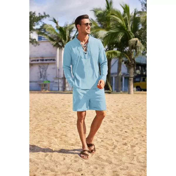 COOFANDY Men's 2 Pieces Cotton Linen Set Summer Beach Outfit Henley Yoga Lace Up Long Sleeve Shirt and Short