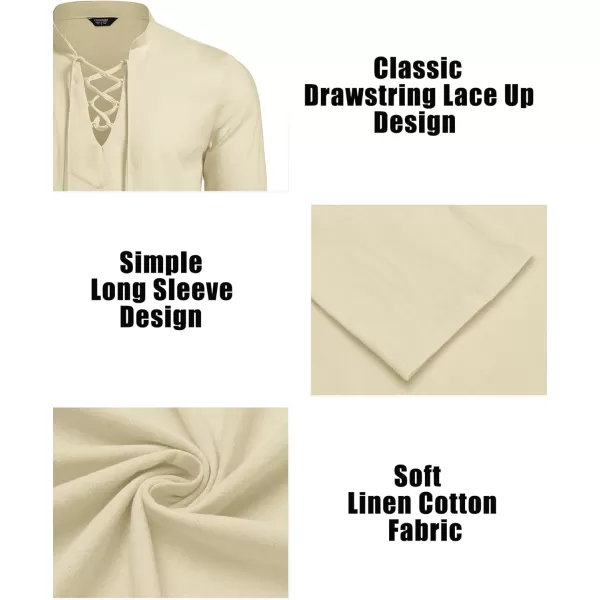 COOFANDY Men's 2 Pieces Cotton Linen Set Summer Beach Outfit Henley Yoga Lace Up Long Sleeve Shirt and Short