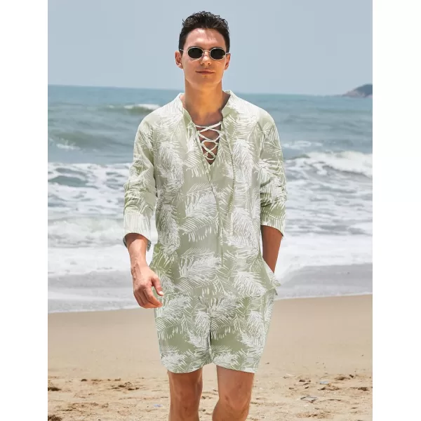 COOFANDY Men's 2 Pieces Cotton Linen Set Summer Beach Outfit Henley Yoga Lace Up Long Sleeve Shirt and Short