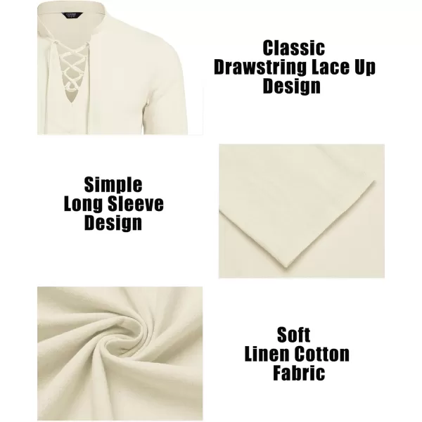COOFANDY Men's 2 Pieces Cotton Linen Set Summer Beach Outfit Henley Yoga Lace Up Long Sleeve Shirt and Short