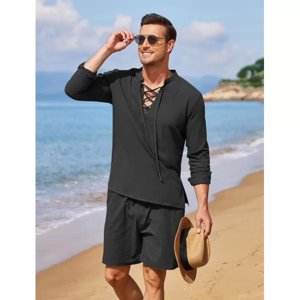 COOFANDY Men's 2 Pieces Cotton Linen Set Summer Beach Outfit Henley Yoga Lace Up Long Sleeve Shirt and Short