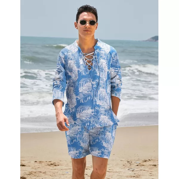 COOFANDY Men's 2 Pieces Cotton Linen Set Summer Beach Outfit Henley Yoga Lace Up Long Sleeve Shirt and Short