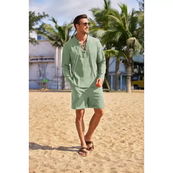 COOFANDY Men's 2 Pieces Cotton Linen Set Summer Beach Outfit Henley Yoga Lace Up Long Sleeve Shirt and Short
