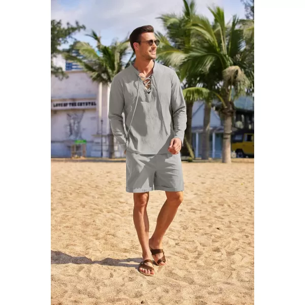 COOFANDY Men's 2 Pieces Cotton Linen Set Summer Beach Outfit Henley Yoga Lace Up Long Sleeve Shirt and Short