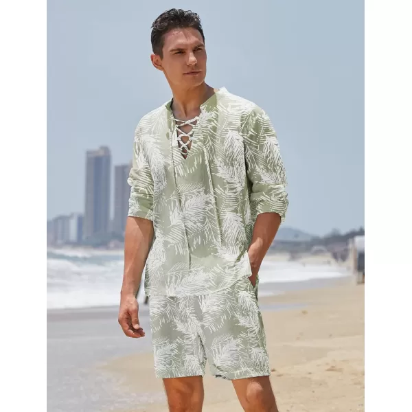 COOFANDY Men's 2 Pieces Cotton Linen Set Summer Beach Outfit Henley Yoga Lace Up Long Sleeve Shirt and Short