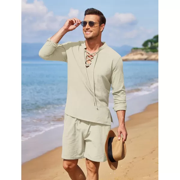 COOFANDY Men's 2 Pieces Cotton Linen Set Summer Beach Outfit Henley Yoga Lace Up Long Sleeve Shirt and Short