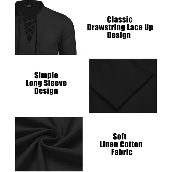 COOFANDY Men's 2 Pieces Cotton Linen Set Summer Beach Outfit Henley Yoga Lace Up Long Sleeve Shirt and Short