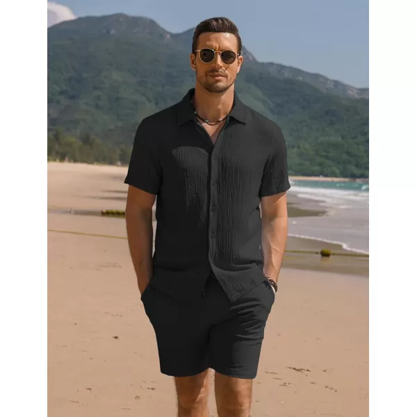 COOFANDY Men's 2 Pieces Matching Set Summer Beach Outfit Short Sleeve Button Down Textured Shirt And Shorts