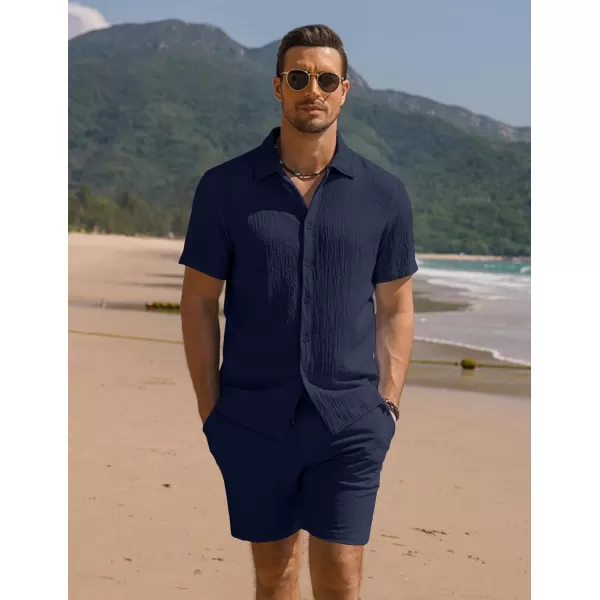 COOFANDY Men's 2 Pieces Matching Set Summer Beach Outfit Short Sleeve Button Down Textured Shirt And Shorts