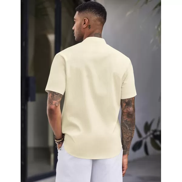 COOFANDY Men's Casual Button Down Short Sleeve Shirt Band Collar Shirts Textured Beach Summer Shirt