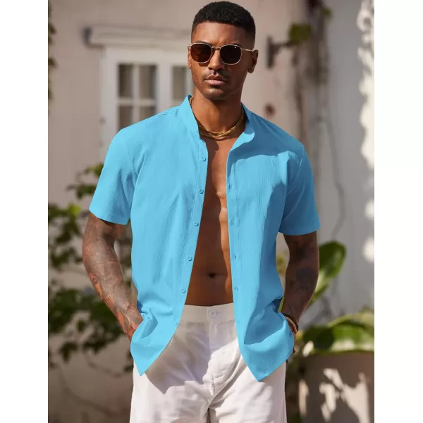 COOFANDY Men's Casual Button Down Short Sleeve Shirt Band Collar Shirts Textured Beach Summer Shirt