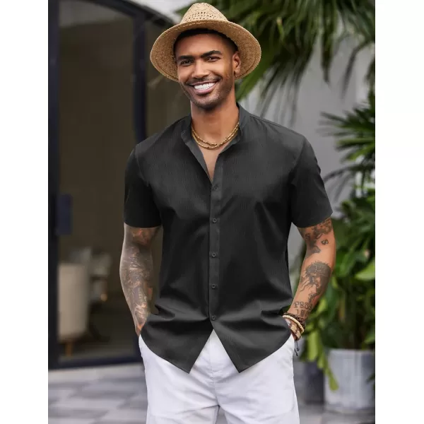 COOFANDY Men's Casual Button Down Short Sleeve Shirt Band Collar Shirts Textured Beach Summer Shirt