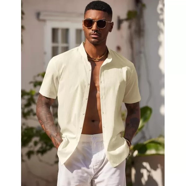 COOFANDY Men's Casual Button Down Short Sleeve Shirt Band Collar Shirts Textured Beach Summer Shirt