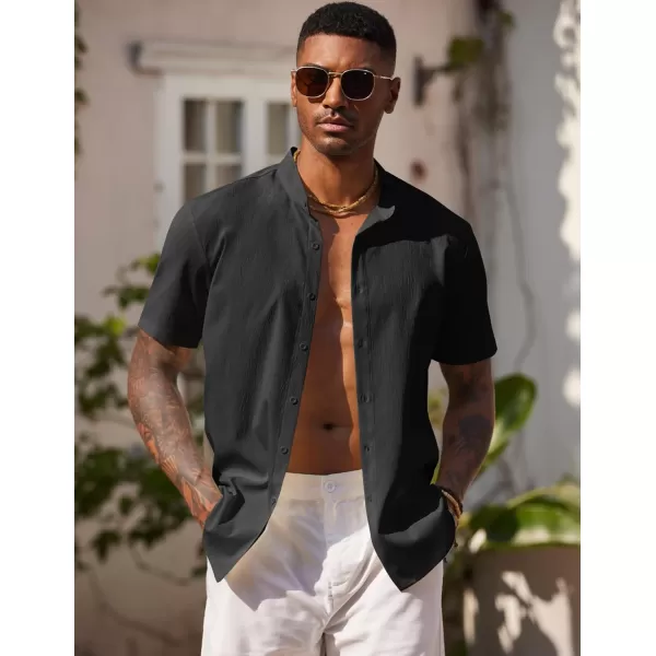 COOFANDY Men's Casual Button Down Short Sleeve Shirt Band Collar Shirts Textured Beach Summer Shirt