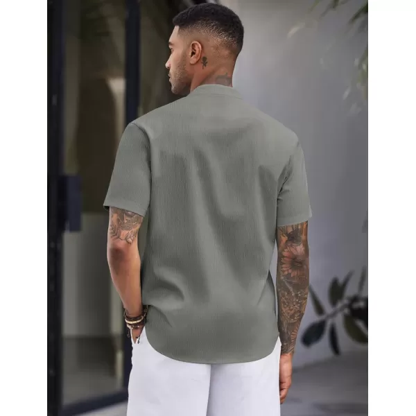 COOFANDY Men's Casual Button Down Short Sleeve Shirt Band Collar Shirts Textured Beach Summer Shirt