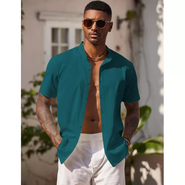 COOFANDY Men's Casual Button Down Short Sleeve Shirt Band Collar Shirts Textured Beach Summer Shirt