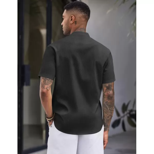 COOFANDY Men's Casual Button Down Short Sleeve Shirt Band Collar Shirts Textured Beach Summer Shirt