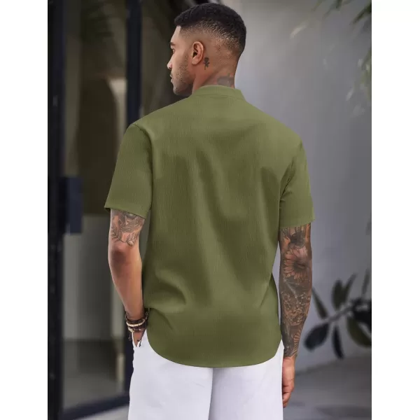 COOFANDY Men's Casual Button Down Short Sleeve Shirt Band Collar Shirts Textured Beach Summer Shirt