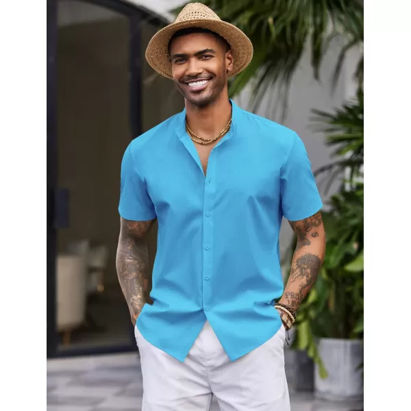 COOFANDY Men's Casual Button Down Short Sleeve Shirt Band Collar Shirts Textured Beach Summer Shirt