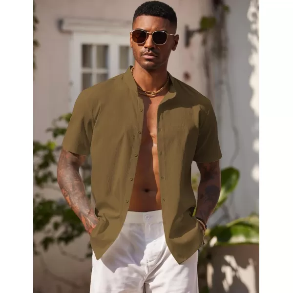 COOFANDY Men's Casual Button Down Short Sleeve Shirt Band Collar Shirts Textured Beach Summer Shirt