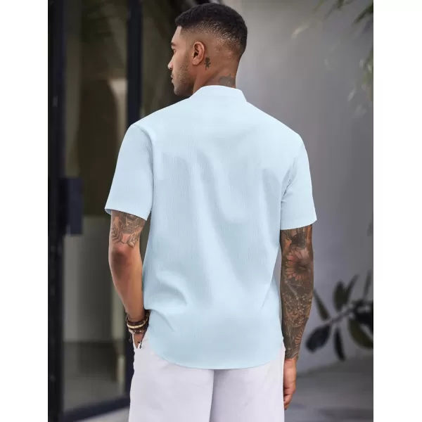 COOFANDY Men's Casual Button Down Short Sleeve Shirt Band Collar Shirts Textured Beach Summer Shirt