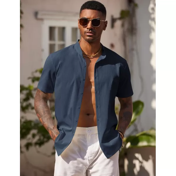 COOFANDY Men's Casual Button Down Short Sleeve Shirt Band Collar Shirts Textured Beach Summer Shirt