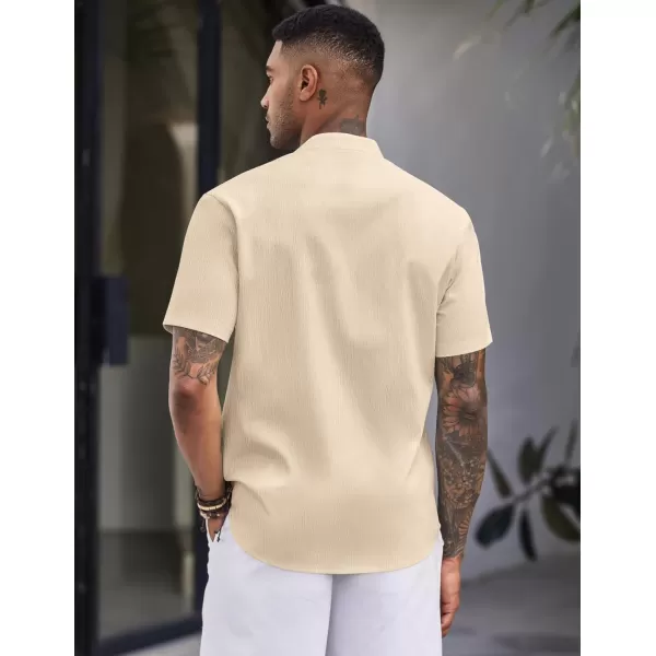 COOFANDY Men's Casual Button Down Short Sleeve Shirt Band Collar Shirts Textured Beach Summer Shirt