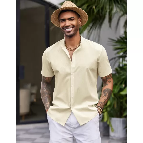 COOFANDY Men's Casual Button Down Short Sleeve Shirt Band Collar Shirts Textured Beach Summer Shirt
