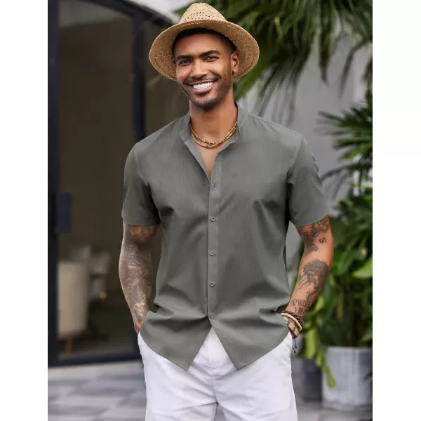 COOFANDY Men's Casual Button Down Short Sleeve Shirt Band Collar Shirts Textured Beach Summer Shirt