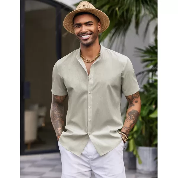 COOFANDY Men's Casual Button Down Short Sleeve Shirt Band Collar Shirts Textured Beach Summer Shirt