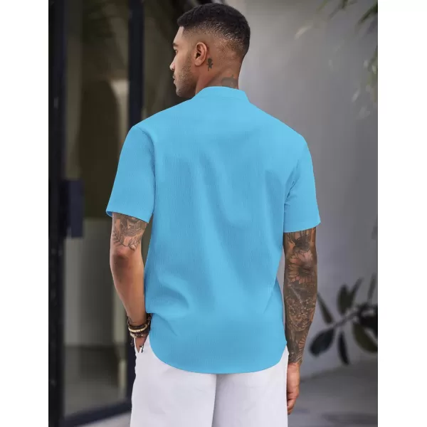 COOFANDY Men's Casual Button Down Short Sleeve Shirt Band Collar Shirts Textured Beach Summer Shirt