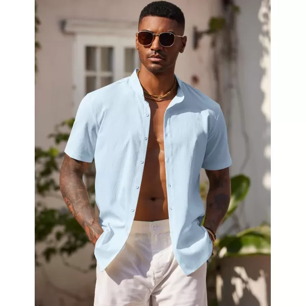 COOFANDY Men's Casual Button Down Short Sleeve Shirt Band Collar Shirts Textured Beach Summer Shirt