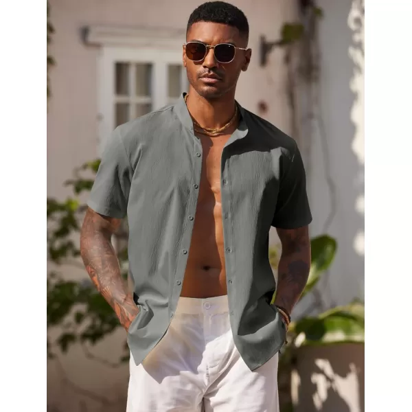 COOFANDY Men's Casual Button Down Short Sleeve Shirt Band Collar Shirts Textured Beach Summer Shirt