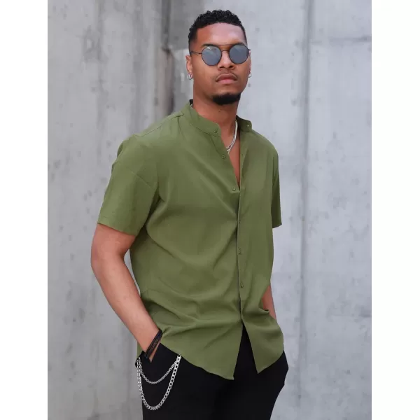 COOFANDY Men's Casual Button Down Short Sleeve Shirt Band Collar Shirts Textured Beach Summer Shirt