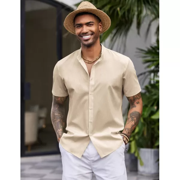 COOFANDY Men's Casual Button Down Short Sleeve Shirt Band Collar Shirts Textured Beach Summer Shirt